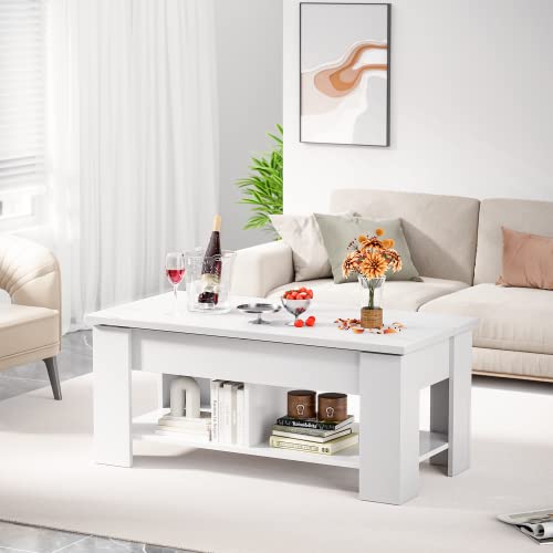 NOBLEWELL Lift Top Coffee Table with Storage Compartment and Separated Open Shelves, Pop Up Coffee Table for Living Room, 39.4in L, White Marble