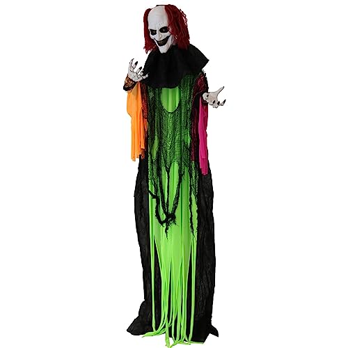 Haunted Hill Farm 5.8 ft. Animatronic Clown, 5 Voice Greetings, Touch Activated, Flashing Red Eyes, Battery-Operated, Halloween Decoration, Multi