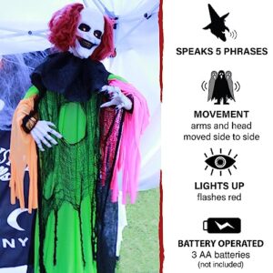 Haunted Hill Farm 5.8 ft. Animatronic Clown, 5 Voice Greetings, Touch Activated, Flashing Red Eyes, Battery-Operated, Halloween Decoration, Multi