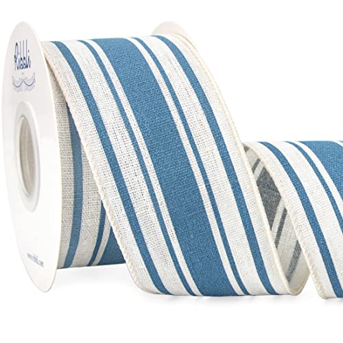 Ribbli Farmhouse Wired Ribbon,Blue Stripe Ribbon 2-1/2 Inch x Continuous 10 Yard, Stripe Cotton Burlap for Big Bow,Wreath-(Blue/Ivory)