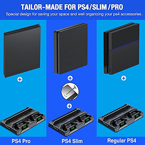 PS4 Stand Cooling Fan for PS4 Slim/PS4 Pro/PlayStation 4, PS4 Stand Vertical Stand Cooler with Dual Controller Charge Station & 16 Game Storage, PS4 Organizer Stand with Game Storage PS4 Accessories