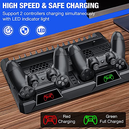 PS4 Stand Cooling Fan for PS4 Slim/PS4 Pro/PlayStation 4, PS4 Stand Vertical Stand Cooler with Dual Controller Charge Station & 16 Game Storage, PS4 Organizer Stand with Game Storage PS4 Accessories