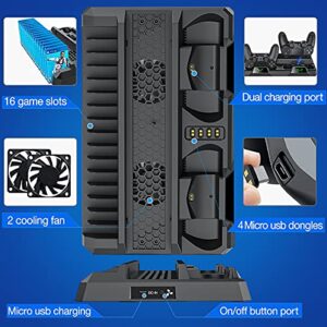 PS4 Stand Cooling Fan for PS4 Slim/PS4 Pro/PlayStation 4, PS4 Stand Vertical Stand Cooler with Dual Controller Charge Station & 16 Game Storage, PS4 Organizer Stand with Game Storage PS4 Accessories