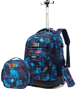 egchescebo kids 3pcs rolling backpack 18" for boys with lunch bag pencil case school bags wheeled backpack travel kids' luggage wheeled bags trolley fashion space starry sky printed durable bookbag with big wheels blue