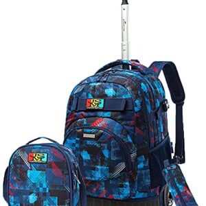 Egchescebo Kids 3PCS Rolling Backpack 18" for Boys with Lunch Bag Pencil Case School Bags Wheeled Backpack Travel Kids' Luggage Wheeled Bags Trolley Fashion Space Starry Sky Printed Durable Bookbag with Big Wheels Blue