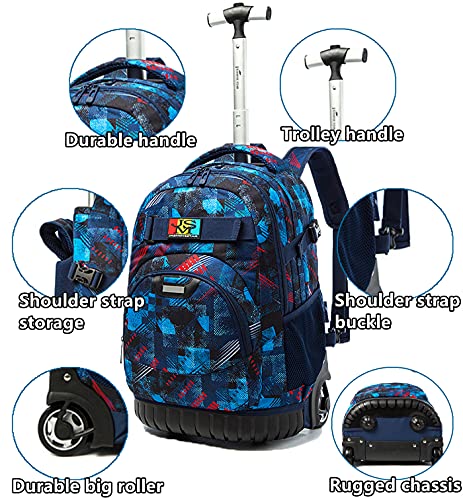 Egchescebo Kids 3PCS Rolling Backpack 18" for Boys with Lunch Bag Pencil Case School Bags Wheeled Backpack Travel Kids' Luggage Wheeled Bags Trolley Fashion Space Starry Sky Printed Durable Bookbag with Big Wheels Blue