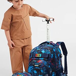 Egchescebo Kids 3PCS Rolling Backpack 18" for Boys with Lunch Bag Pencil Case School Bags Wheeled Backpack Travel Kids' Luggage Wheeled Bags Trolley Fashion Space Starry Sky Printed Durable Bookbag with Big Wheels Blue