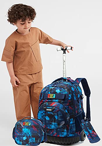 Egchescebo Kids 3PCS Rolling Backpack 18" for Boys with Lunch Bag Pencil Case School Bags Wheeled Backpack Travel Kids' Luggage Wheeled Bags Trolley Fashion Space Starry Sky Printed Durable Bookbag with Big Wheels Blue