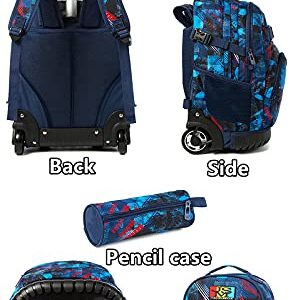 Egchescebo Kids 3PCS Rolling Backpack 18" for Boys with Lunch Bag Pencil Case School Bags Wheeled Backpack Travel Kids' Luggage Wheeled Bags Trolley Fashion Space Starry Sky Printed Durable Bookbag with Big Wheels Blue