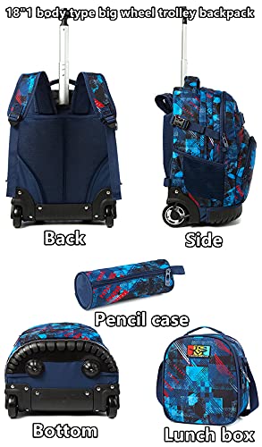 Egchescebo Kids 3PCS Rolling Backpack 18" for Boys with Lunch Bag Pencil Case School Bags Wheeled Backpack Travel Kids' Luggage Wheeled Bags Trolley Fashion Space Starry Sky Printed Durable Bookbag with Big Wheels Blue