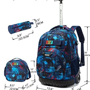 Egchescebo Kids 3PCS Rolling Backpack 18" for Boys with Lunch Bag Pencil Case School Bags Wheeled Backpack Travel Kids' Luggage Wheeled Bags Trolley Fashion Space Starry Sky Printed Durable Bookbag with Big Wheels Blue