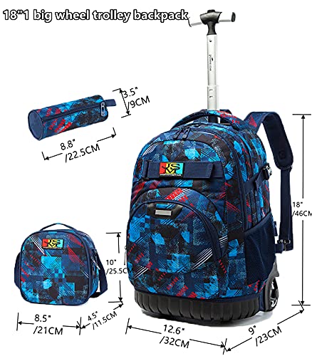 Egchescebo Kids 3PCS Rolling Backpack 18" for Boys with Lunch Bag Pencil Case School Bags Wheeled Backpack Travel Kids' Luggage Wheeled Bags Trolley Fashion Space Starry Sky Printed Durable Bookbag with Big Wheels Blue