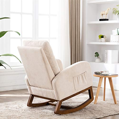 Dolonm Rocking Chair Mid-Century Modern Nursery Rocking Armchair Upholstered Tall Back Accent Glider Rocker for Living Room (Beige-Linen)