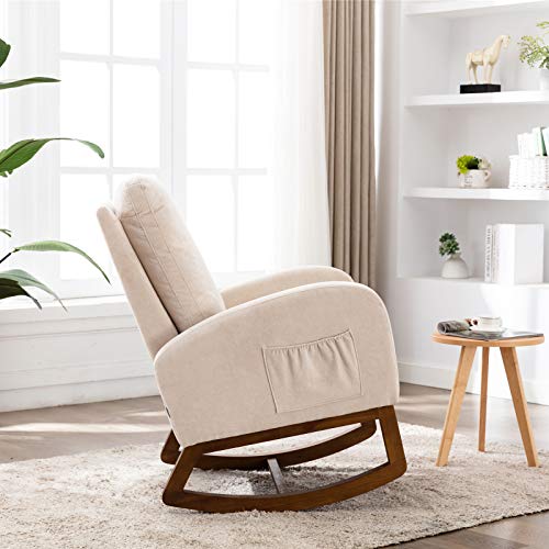 Dolonm Rocking Chair Mid-Century Modern Nursery Rocking Armchair Upholstered Tall Back Accent Glider Rocker for Living Room (Beige-Linen)