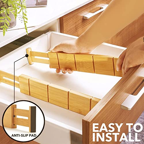 SAUStrongBe Adjustable Bamboo drawer dividers with 4 dividers，6 inserts, Spring Loaded adjustable drawer organizer, Expandable Organization for Home, Office, Dressers and Bathroom (17- 22 in)