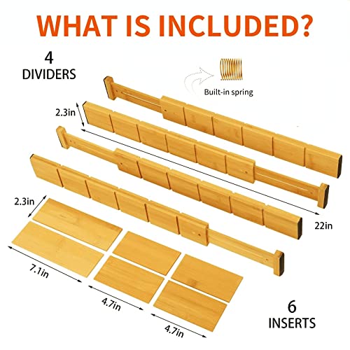 SAUStrongBe Adjustable Bamboo drawer dividers with 4 dividers，6 inserts, Spring Loaded adjustable drawer organizer, Expandable Organization for Home, Office, Dressers and Bathroom (17- 22 in)