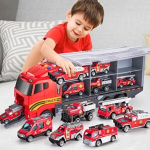 temi toddler toys for 3 4 5 6 years old boys, die-cast emergency fire rescue vehicle transport car toy set w/play mat, alloy metal fire truck toys set for age 3-9 toddlers kids boys & girls