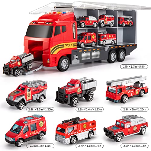 TEMI Toddler Toys for 3 4 5 6 Years Old Boys, Die-cast Emergency Fire Rescue Vehicle Transport Car Toy Set w/Play Mat, Alloy Metal Fire Truck Toys Set for Age 3-9 Toddlers Kids Boys & Girls