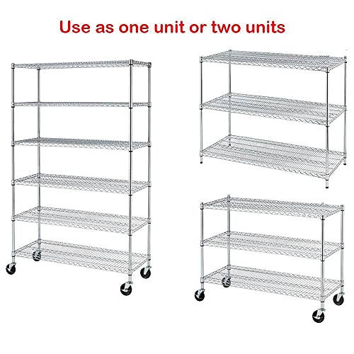 6 Tier Wire Shelving Unit Rack NSF Heavy Duty Height Adjustable Storage Shelf Metal Shelving with Wheels/Feet Levelers Garage Rack Kitchen Rack Office Rack Commercial Shelving - Chrome - 48x18x76