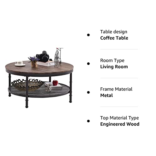 GreenForest Coffee Table Round Small Industrial 2-Tier Coffee Table with Storage for Living Room, Dark Walnut