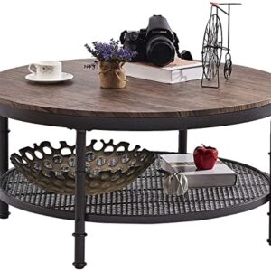 GreenForest Coffee Table Round Small Industrial 2-Tier Coffee Table with Storage for Living Room, Dark Walnut