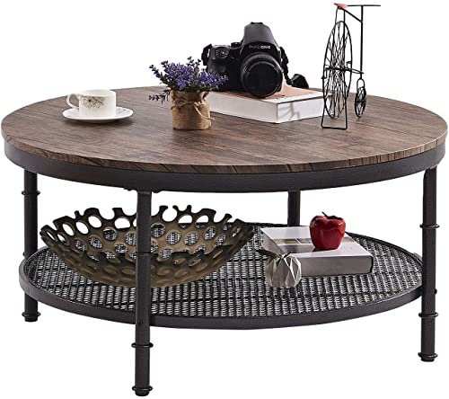 GreenForest Coffee Table Round Small Industrial 2-Tier Coffee Table with Storage for Living Room, Dark Walnut