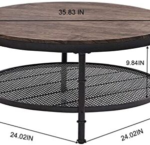 GreenForest Coffee Table Round Small Industrial 2-Tier Coffee Table with Storage for Living Room, Dark Walnut