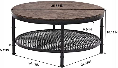 GreenForest Coffee Table Round Small Industrial 2-Tier Coffee Table with Storage for Living Room, Dark Walnut