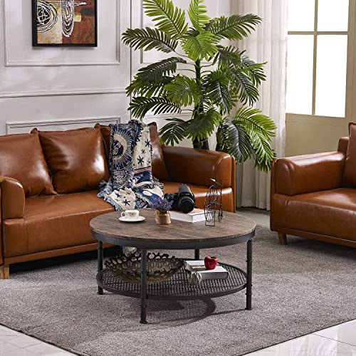 GreenForest Coffee Table Round Small Industrial 2-Tier Coffee Table with Storage for Living Room, Dark Walnut
