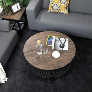 GreenForest Coffee Table Round Small Industrial 2-Tier Coffee Table with Storage for Living Room, Dark Walnut