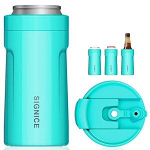 4-in-1 insulated can cooler with lid - newest signice 12 oz stainless steel can cooler double walled vacuum insulator for skinny tall slim can/standard regular can/beer bottle (aqua)