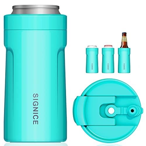 4-IN-1 Insulated Can Cooler with Lid - Newest Signice 12 Oz Stainless Steel Can Cooler Double Walled Vacuum Insulator for Skinny Tall Slim Can/Standard Regular Can/Beer Bottle (Aqua)