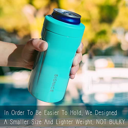 4-IN-1 Insulated Can Cooler with Lid - Newest Signice 12 Oz Stainless Steel Can Cooler Double Walled Vacuum Insulator for Skinny Tall Slim Can/Standard Regular Can/Beer Bottle (Aqua)