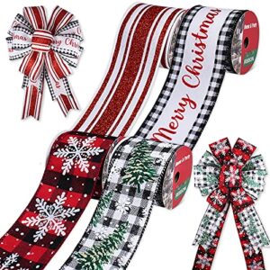 christmas ribbon wired 2.5 inch x 60feets (4 roll x 15ft),farmhouse merry christmas red buffalo plaid ribbon with wire for wreaths diy crafts
