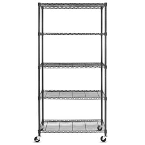 wdt 5-shelf shelving storage units on wheels casters, adjustable heavy duty metal shelf wire storage rack for home office garage kitchen bathroom metal rack (16”wx36”dx75”h), black