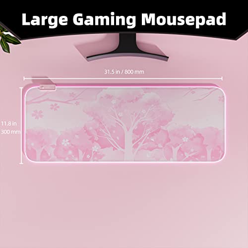 Pink RGB LED Gaming Mouse Pad, 14 Modes Glow Pad, Extra Large Gaming Mousepad,Waterproof Rubber Non Slip Cute Sakura Mat, Extended Big Keyboard and Mouse Pad Mat for Gamer Office Home, 800×300×4mm