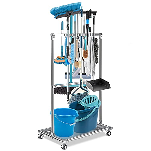 Broom Holder Organizer Movable Closet Storage Cabinet Mop Rack Floor Standing Cleaning Tool Cart For Garden Garage Schools Hotels Hospitals Factories Property Companies Restaurant (10 Racks)