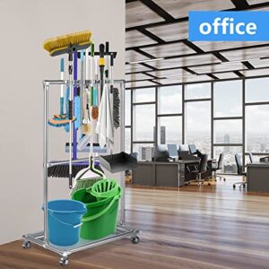 Broom Holder Organizer Movable Closet Storage Cabinet Mop Rack Floor Standing Cleaning Tool Cart For Garden Garage Schools Hotels Hospitals Factories Property Companies Restaurant (10 Racks)