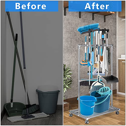 Broom Holder Organizer Movable Closet Storage Cabinet Mop Rack Floor Standing Cleaning Tool Cart For Garden Garage Schools Hotels Hospitals Factories Property Companies Restaurant (10 Racks)