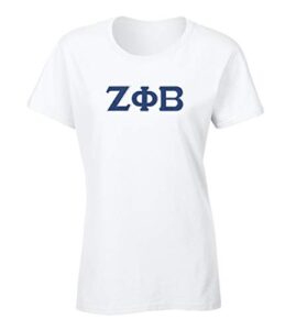 zeta phi beta embroidered twill letter ladies t shirt white large regular