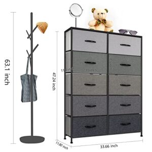 LLappuil Tall Dresser for Bedroom for Adult Kids, Fabric Storage Dresser with 10 Drawers for Clothes, Large Capacity Dresser Chests of Drawers Tower for Closet, Nursery, Living Room, Hallway, Grey