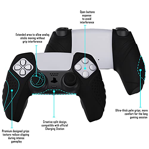 PlayVital Guardian Edition Ergonomic Soft Controller Silicone Case Grips for ps5 Compatible with Charging Station Rubber Protector Skins with Thumbstick Caps for ps5 Controller - Black