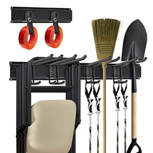 Mayyol Garage Wall Mount Tool Storage Rack - Lawn Organization - Yard Tools Hanger - Organizer Holder with 6 Adjustable Heavy Duty Hooks for Garden Tools, Max Load 350lb, Black