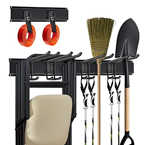 Mayyol Garage Wall Mount Tool Storage Rack - Lawn Organization - Yard Tools Hanger - Organizer Holder with 6 Adjustable Heavy Duty Hooks for Garden Tools, Max Load 350lb, Black