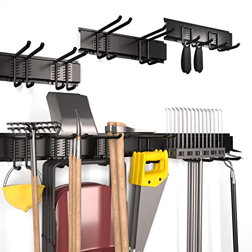 Mayyol Garage Wall Mount Tool Storage Rack - Lawn Organization - Yard Tools Hanger - Organizer Holder with 6 Adjustable Heavy Duty Hooks for Garden Tools, Max Load 350lb, Black