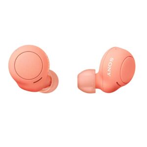 sony wf-c500 true wireless headphones - up to 20 hours battery - charging case - voice assistant compatible - built-in mic for phone calls - reliable bluetooth - coral orange