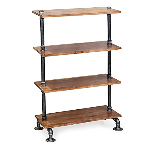 Futchoy 4 Tier Industrial Iron Pipe Shelf Unit Free Standing Bracket Solid Wood Rustic Vintage Multifunctional Display Rack Open Metal Book Shelf for Home Office Organizer