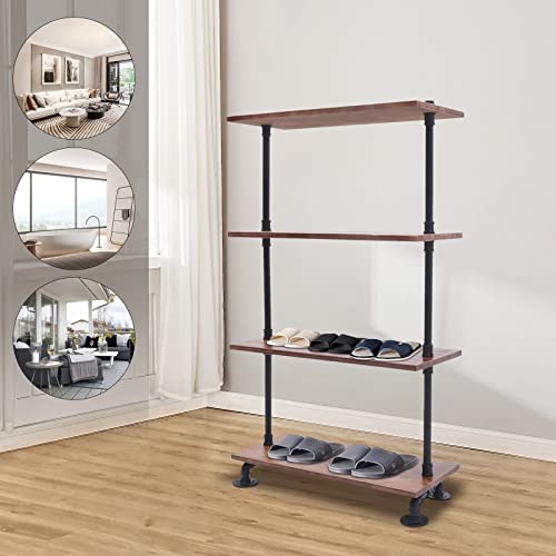 Futchoy 4 Tier Industrial Iron Pipe Shelf Unit Free Standing Bracket Solid Wood Rustic Vintage Multifunctional Display Rack Open Metal Book Shelf for Home Office Organizer