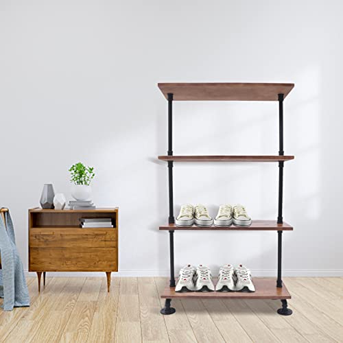 Futchoy 4 Tier Industrial Iron Pipe Shelf Unit Free Standing Bracket Solid Wood Rustic Vintage Multifunctional Display Rack Open Metal Book Shelf for Home Office Organizer