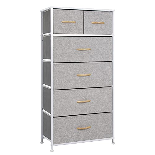 Crestlive Products Vertical Dresser Storage Tower - Sturdy Steel Frame, Wood Top, Easy Pull Fabric Bins, Wood Handles - Organizer Unit for Bedroom, Hallway, Entryway, Closets - 6 Drawers (Light Grey)